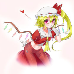 Rule 34 | 1girl, ascot, blonde hair, blush, bow, breasts, doyouwantto, flandre scarlet, gloves, hat, heart, highres, looking at viewer, midriff, navel, open mouth, red eyes, short hair, side ponytail, small breasts, smile, solo, touhou, white gloves, wings
