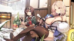 Rule 34 | 2girls, ;t, absurdres, apron, architecture, bare shoulders, black choker, black garter straps, black gloves, black hairband, black thighhighs, blonde hair, blurry, bowl, breasts, brown eyes, brown hair, choker, chopsticks, cleavage, closed mouth, collared dress, commentary request, crossed legs, ddangbi, depth of field, dress, east asian architecture, eating, feather boa, fingerless gloves, food in mouth, frilled apron, frilled choker, frills, garter straps, gloves, goddess of victory: nikke, green dress, grey eyes, hair intakes, hairband, highres, holding, holding bowl, holding chopsticks, japanese clothes, kimono, lantern, large breasts, long hair, looking at viewer, ludmilla (nikke), ludmilla (winter owner) (nikke), maid apron, mica (nikke), mica (snow buddy) (nikke), multiple girls, off shoulder, official alternate costume, official alternate hairstyle, one eye closed, parted bangs, short hair, sitting, sleeves rolled up, smile, snowing, thick thighs, thighhighs, thighs, waist apron, white apron, white kimono, winter