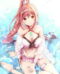 Rule 34 | 1girl, bare shoulders, bikini, blush, breasts, chest jewel, cleavage, criss-cross halter, frilled bikini, frills, front-tie bikini top, front-tie top, full body, gem, glimmer (xenoblade), hair ornament, halterneck, headband, highres, large breasts, leglet, light blush, light smile, lips, long hair, looking at viewer, navel, pink bikini, ponytail, pouch, red hair, ripples, see-through, see-through shirt, shirt, side-tie bikini bottom, sitting on water, smile, solo, swimsuit, thigh pouch, ui frara, water, wet, wet clothes, wet shirt, xenoblade chronicles (series), xenoblade chronicles 3, yellow eyes
