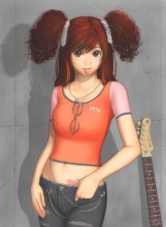 Rule 34 | :p, brazen, brown eyes, brown hair, glasses, guitar, instrument, long hair, navel, original, solo, tattoo, tongue, tongue out, two side up