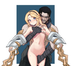 Rule 34 | 1boy, 1girl, bandaged arm, bandaged hand, bandages, between legs, black hair, blonde hair, blue eyes, blush, grabbing another&#039;s breast, brown hairband, chain, clothed male nude female, completely nude, crack, crying, deep skin, evil grin, evil smile, eyes visible through hair, facial hair, grabbing, grin, hairband, hand between legs, hand on another&#039;s chest, hetero, highres, league of legends, long hair, looking at viewer, lux (league of legends), navel, netorare, nipples, nude, parted lips, smile, suk180, sweat, sylas, sylas (league of legends), tears, topless male