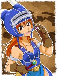 Rule 34 | 1girl, armor, blue armor, breasts, brown eyes, brown gloves, brown hair, cleavage, daisy (dq), dragon quest, dragon quest yuusha abel densetsu, fake horns, fumiko (mesushi), gloves, helmet, horned helmet, horns, long hair, looking at viewer, map, open mouth, smile, sword, weapon