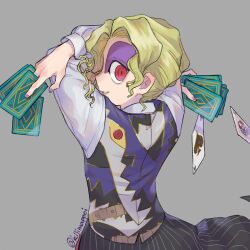 Rule 34 | 1boy, blonde hair, boku to maou, card, epros, from behind, hair intakes, highres, holding, holding card, kijima (amayadori-tei), long sleeves, looking at viewer, looking back, makeup, male focus, mascara, nail polish, nose, red eyes, short hair, simple background, smile, solo, wavy hair