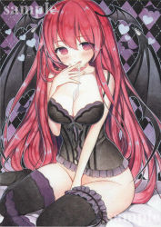 Rule 34 | 1girl, after fellatio, bat wings, black panties, black thighhighs, blush, breasts, bridal garter, camisole, cleavage, cum, cum in mouth, cum on body, cum on breasts, cum on upper body, head wings, heart, highres, koakuma, large breasts, licking, licking finger, long hair, looking at viewer, mugicha (mugicha0929), multiple wings, panties, panties around leg, red eyes, red hair, sample watermark, sitting, solo, thighhighs, tongue, tongue out, touhou, traditional media, underwear, underwear only, watermark, wings
