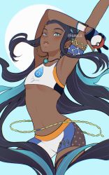 Rule 34 | 1girl, 6iirls, aqua background, aqua eyes, aqua hair, arched back, armband, armlet, armpits, arms up, belly chain, bike shorts, black hair, blush, breasts, commentary request, creatures (company), crop top, cropped legs, dark-skinned female, dark skin, dynamax band, earrings, game freak, gloves, highres, holding, holding poke ball, hoop earrings, jewelry, lips, long hair, looking at viewer, midriff, multicolored clothes, multicolored hair, multicolored shorts, necklace, nessa (pokemon), nintendo, partially fingerless gloves, poke ball, poke ball (basic), pokemon, pokemon swsh, shirt, shorts, sleeveless, sleeveless shirt, small breasts, solo, tumblr username, two-tone hair, underboob, very long hair, wristband