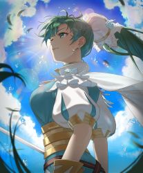 Rule 34 | 1girl, backlighting, blue sky, breasts, cloud, cloudy sky, commentary, day, earrings, feathers, fire emblem, fire emblem: the blazing blade, fire emblem heroes, from side, green eyes, green hair, hair ornament, highres, jewelry, long hair, looking away, lyn (fire emblem), maze draws, medium breasts, nintendo, outdoors, ponytail, puffy sleeves, simple background, sky, solo, striped, sunlight, upper body, vertical stripes, water, water drop