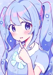 Rule 34 | 1girl, :d, aoiyui, blue bow, blue bowtie, blue eyes, blue flower, blue hair, blue nails, blue shirt, blush, bow, bowtie, commentary, dot nose, finger to mouth, flower, hair flower, hair ornament, hair ribbon, hatsune miku, highres, index finger raised, jewelry, long hair, looking at viewer, nail polish, open mouth, pink ribbon, ribbon, ring, shirt, short sleeves, sidelocks, signature, smile, solo, symbol-only commentary, twintails, upper body, vocaloid