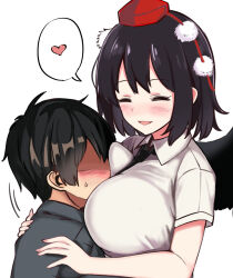 Rule 34 | 1boy, 1girl, :d, age difference, between breasts, black headwear, black necktie, blush, breasts, closed eyes, commentary request, fuji norihiro, hat, head between breasts, heart, large breasts, necktie, open mouth, pom pom (clothes), red headwear, shameimaru aya, short sleeves, simple background, smile, spoken heart, sweatdrop, tokin hat, touhou, upper body, white background