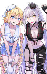Rule 34 | 2girls, absurdres, ahoge, anchor, asymmetrical legwear, bare arms, bare shoulders, belt, bikini, bikini top only, bikini under clothes, black choker, black gloves, black headwear, black legwear, black pants, black ribbon, blonde hair, blue ribbon, blue skirt, blush, boot straps, boots, braid, breasts, chain, choker, cleavage, commentary request, fate/grand order, fate (series), fingerless gloves, garter straps, gloves, hat, highres, jeanne d&#039;arc (fate), jeanne d&#039;arc (mystery treasure) (fate), jeanne d&#039;arc (ruler) (fate), jeanne d&#039;arc alter (fate), jeanne d&#039;arc alter (mystery treasure) (fate), large breasts, leaning forward, long hair, looking at viewer, midriff, multiple girls, navel, nipi27, nose, official alternate costume, pants, plaid, plaid skirt, ponytail, ribbon, sailor collar, sailor hat, sidelocks, simple background, skirt, smile, swimsuit, swimsuit under clothes, teeth, thigh strap, thighhighs, tilted headwear, tongue, tongue out, torn clothes, torn legwear, torn pants, twin braids, uneven legwear, very long hair, white background, white choker, white footwear, white gloves, white hair, white headwear, white legwear, zettai ryouiki