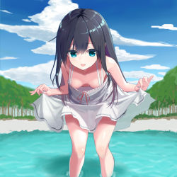 Rule 34 | 1girl, alternate costume, asashio (kancolle), beach, black hair, blue eyes, blush, breasts, day, downblouse, dress, forest, gradient sky, hair between eyes, highres, kantai collection, kuronaga, lifted by self, long hair, nature, no bra, open mouth, outdoors, ribbon-trimmed dress, sky, small breasts, smile, solo, wading, water, white dress