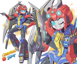 Rule 34 | 1girl, autobot, blue eyes, character name, hand on own hip, highres, looking at viewer, mecha, mecha girl, mechanical wings, multiple views, one eye closed, open hand, robot, robot girl, science fiction, smile, sunafuki tabito, swoop (transformers), transformers, transformers cyberverse, v-shaped eyebrows, wings