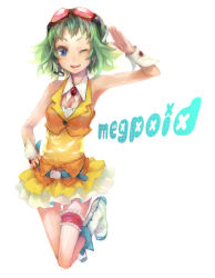 Rule 34 | 1girl, ameiro, bad id, bad pixiv id, belt, blue eyes, boots, face, full body, goggles, goggles on head, green hair, gumi, headphones, headset, jumping, midriff, one eye closed, short hair, simple background, skirt, smile, solo, vocaloid, wink, wrist cuffs