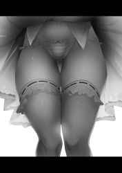 Rule 34 | 1girl, bow, bow panties, frilled thighhighs, frills, greyscale, highres, hip focus, letterboxed, lower body, monochrome, navel, noto kurumi, original, panties, ribbon-trimmed sleeves, ribbon trim, simple background, skirt, solo, striped clothes, striped panties, thigh gap, thighhighs, thighs, underwear, upskirt, white background