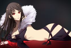 Rule 34 | 1girl, ass, bad id, bad pixiv id, bare shoulders, black dress, black hair, black jacket, breasts, dress, fate/grand order, fate (series), from side, fur-trimmed jacket, fur trim, jacket, large breasts, long hair, long sleeves, looking at viewer, lying, on stomach, parted lips, red eyes, revealing clothes, strapless, strapless dress, very long hair, wide sleeves, yamiiv, yu mei-ren (fate)