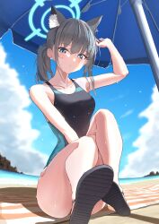 Rule 34 | 1girl, absurdres, animal ears, armpits, bare arms, bare shoulders, blue archive, blue eyes, bocchi (kuropom7), competition school swimsuit, grey hair, halo, heterochromia, highres, knee up, legs, looking at viewer, ponytail, sandals, school swimsuit, shiroko (blue archive), shiroko (swimsuit) (blue archive), solo, swimsuit, thighs, wolf ears