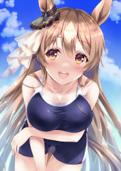 Rule 34 | animal ears, blue one-piece swimsuit, breasts, brown eyes, brown hair, cleavage, cloud, collarbone, colored eyelashes, commentary request, hair between eyes, hair ornament, highres, horse ears, horse girl, horse tail, kouzuki hajime, large breasts, leaning forward, looking at viewer, one-piece swimsuit, open mouth, parted bangs, satono diamond (umamusume), school swimsuit, sky, swimsuit, tail, thighs, umamusume