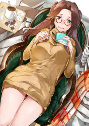 Rule 34 | 1girl, :d, alternate costume, bespectacled, book, brown eyes, brown hair, glasses, half updo, highres, holding, holding book, iapoc, jintsuu (kancolle), kantai collection, long hair, long sleeves, open mouth, red-framed eyewear, sitting, smile, solo, sweater, yellow sweater