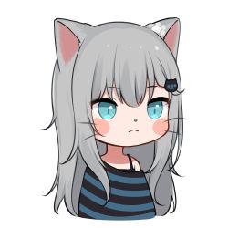Rule 34 | 1girl, :&lt;, amashiro natsuki, animal ears, bad id, bad twitter id, blue eyes, blush stickers, cat ears, closed mouth, cropped torso, furry, furry female, grey hair, hair ornament, hairclip, long hair, looking at viewer, nachoneko, off shoulder, original, shirt, simple background, single bare shoulder, solo, striped clothes, striped shirt, whiskers, white background