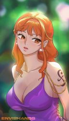 Rule 34 | 1girl, absurdres, alternate costume, artist name, bare shoulders, blue dress, blurry, blurry background, breasts, cleavage, collarbone, dress, earrings, envi2hands, highres, jewelry, large breasts, long hair, nami (one piece), nami (one piece) (post-timeskip), nami (one piece) (zou), official alternate costume, one piece, orange eyes, orange hair, pearl earrings, pearl hair ornament, revealing clothes, short dress, sleeveless, sleeveless dress, solo, upper body, very long hair