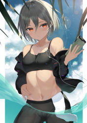 Rule 34 | 1girl, absurdres, armpit crease, bare shoulders, black jacket, black pants, black shirt, borrowed character, breasts, cleavage, closed mouth, collarbone, cowboy shot, crop top, day, earphones, expressionless, grey hair, groin, hair between eyes, hand on own hip, highres, holding, jacket, long sleeves, looking at viewer, medium breasts, midriff, nagisa-chan (saitou naoki), navel, off shoulder, open clothes, open jacket, original, outdoors, pants, phone, red eyes, shirt, short hair, sidelocks, sleeveless, sleeveless shirt, solo, spaghetti strap, standing, stomach, wading, water, wet, zukan (db tyoutyo)