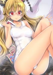 Rule 34 | 1girl, animal ears, bags under eyes, bare legs, black dress, blonde hair, breasts, chikado, chinese clothes, closed mouth, collarbone, dress, grabbing another&#039;s ear, hand on another&#039;s ear, hat, junko (touhou), legs, legs up, long hair, looking at viewer, medium breasts, one-piece swimsuit, out of frame, rabbit ears, red eyes, reisen udongein inaba, school swimsuit, solo, swimsuit, tabard, tassel, touhou, very long hair, white one-piece swimsuit, white school swimsuit