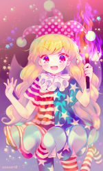 Rule 34 | 1girl, american flag dress, american flag legwear, amo (shibu3), blonde hair, blush, clownpiece, fairy wings, fire, hat, jester cap, leg up, long hair, looking at viewer, neck ruff, open mouth, pantyhose, pink eyes, polka dot, smile, solo, star (symbol), star print, striped clothes, striped pantyhose, torn clothes, touhou, twitter username, very long hair, wings
