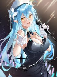 Rule 34 | 1girl, absurdres, ahoge, bare arms, black dress, blue hair, blush, breasts, cleavage, detached collar, dress, flower, frilled gloves, frills, gloves, hair flower, hair ornament, hao (mwhy4538), hat, heart, heart ahoge, highres, holding, hololive, large breasts, long hair, microphone, neck ribbon, open mouth, outstretched hand, pointy ears, ribbon, smile, solo, virtual youtuber, white gloves, white hat, yellow eyes, yukihana lamy