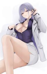 Rule 34 | bandaged neck, bandages, breasts, business suit, earpiece, feet out of frame, formal, fte (fifteen 199), girls&#039; frontline, grey hair, grey suit, highres, large breasts, no bra, open clothes, open shirt, panties, pencil skirt, purple eyes, purple shirt, rpk-16 (girls&#039; frontline), shirt, skirt, suit, underwear, white background
