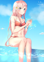 Rule 34 | 1girl, armlet, artist name, bare legs, bare shoulders, bikini, blue eyes, blush, bracelet, breasts, cleavage, cloud, cloudy sky, collarbone, commentary, day, eyes visible through hair, flower, hair between eyes, hair flower, hair ornament, hair over one eye, halterneck, holding, holding flower, jewelry, la campanella, light smile, long hair, looking to the side, medium breasts, navel, original, outdoors, own hands together, petals, pink hair, pool, red bikini, sitting, sky, soaking feet, solo, stomach, swimsuit, very long hair, water, white flower