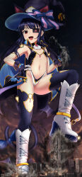 Rule 34 | 1girl, absurdres, animal ears, bell, blue dress, blue gloves, blue hair, blue socks, boots, breasts, building, cat ears, cloak, clothing cutout, commentary request, dark blue hair, destruction, dress, explosion, eyepatch, fire, full body, giant, giantess, gloves, grabbing, hand on own chest, hat, hat bell, highleg, highres, kneehighs, long hair, looking at viewer, mirai (senran kagura), navel, night, official alternate costume, open mouth, outdoors, rakia (ds00309), red eyes, senran kagura, size difference, skyscraper, small breasts, smile, socks, solo, standing, stomach cutout, stomping, tokyo skytree, tongue, white footwear, witch hat