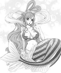 Rule 34 | 1girl, arm support, arm up, bikini, bikini top only, blush, breasts, breasts apart, bubble, cleavage, curvy, earrings, female focus, fins, fish, fish tail, fishman island, giant, giantess, greyscale, hair rings, hanzaki jirou, huge breasts, jewelry, large breasts, long hair, md5 mismatch, mermaid, monochrome, monster girl, navel, one piece, open mouth, scales, seashell, shell, shirahoshi, sitting, solo, sweat, swimsuit, tail, tears, wavy hair