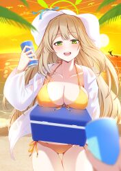 Rule 34 | 1girl, beach, bikini, blonde hair, blue archive, blurry, blush, breast rest, breasts, can, cleavage, commentary request, cowboy shot, depth of field, duuwa (doluwa), green eyes, green halo, halo, halterneck, hand up, hat, highres, holding, holding can, jacket, large breasts, long hair, looking at viewer, nonomi (blue archive), nonomi (swimsuit) (blue archive), ocean, official alternate costume, open clothes, open jacket, open mouth, outdoors, palm tree, pov, see-through, see-through jacket, side-tie bikini bottom, sky, smile, solo focus, standing, sun hat, sunset, swimsuit, teeth, tree, upper teeth only, white headwear, white jacket, yellow bikini, yellow sky