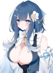 Rule 34 | 1girl, absurdres, blue eyes, blue hair, breasts, brooch, cleavage, commission, detached sleeves, hair ornament, hair ribbon, heart, heart-shaped pupils, highres, jewelry, large breasts, looking at viewer, multicolored hair, original, ribbon, sana (sanamaru 0w0), shirt, skeb commission, sleeveless, sleeveless shirt, streaked hair, symbol-shaped pupils, white background