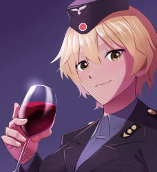 Rule 34 | 1girl, absurdres, black jacket, blonde hair, brave witches, cup, drinking glass, garrison cap, hair between eyes, hasegawa (hase popopo), hat, highres, jacket, light smile, looking at viewer, military, military uniform, purple background, red wine, short hair, smile, solo, uniform, upper body, waltrud krupinski, wine, wine glass, world witches series, yellow eyes
