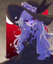 Rule 34 | black hat, blonde hair, dolls in pseudo paradise, facing viewer, fang, hat, jacket girl (dipp), long sleeves, looking at viewer, moon, otoya sindoi, outside border, quill, red background, red eyes, smile, touhou