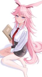 1girl alternate_costume animal_ears barefoot black_skirt blush book collared_shirt commentary feet fox_ears highres holding holding_book honkai_(series) honkai_impact_3rd large_ears long_hair long_sleeves nami_(tznami) necktie office_lady pink_hair purple_eyes red_necktie shirt simple_background sitting skirt soles solo thighs toes twitter_username white_background white_shirt yae_sakura yokozuwari