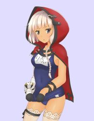Rule 34 | 10s, 1girl, bandages, blush, braid, breasts, cape, clothes pull, covered erect nipples, cowboy shot, god eater, god eater 2: rage burst, grey eyes, highres, kyounami, lace, lace-trimmed legwear, lace trim, livie collet, long hair, medium breasts, one-piece swimsuit, one-piece swimsuit pull, pink hair, red cape, red hood, school swimsuit, solo, swimsuit, thigh strap, thighhighs