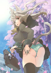 Rule 34 | 1girl, animal ears, ass, bag, breasts, cat ears, cat tail, cherry blossoms, clothes lift, grey eyes, large breasts, long hair, looking back, original, panties, petals, riato, satchel, school uniform, silver hair, skirt, skirt lift, solo, striped clothes, striped panties, tail, thighhighs, underwear, wind, wind lift