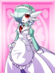 Rule 34 | 1girl, alternate costume, apron, blush, breasts, clothed pokemon, creatures (company), enmaided, female focus, game freak, gardevoir, gen 3 pokemon, green hair, hair over one eye, long sleeves, looking at viewer, lowres, maid, maid apron, medium breasts, nintendo, open mouth, pink background, pokemon, pokemon (creature), pokemon rse, puffy long sleeves, puffy sleeves, red eyes, shiratsuki (royal moon), short hair, simple background, smile, standing