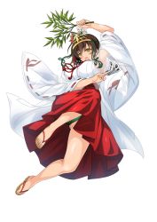 Rule 34 | 1girl, arm up, branch, brown hair, cle masahiro, feet, full body, green panties, headdress, holding, japanese clothes, long sleeves, miko, no socks, official art, ofuda, open mouth, panties, ribbon-trimmed sleeves, ribbon trim, sandals, short hair, simple background, solo, transparent background, underwear, valkyrie drive, valkyrie drive -siren-, vivian sinclair, white background, wide sleeves, yellow eyes, zouri