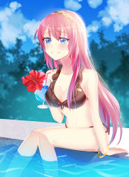 Rule 34 | 1girl, absurdres, aryuma772, bare arms, bare legs, bikini, black bikini, blue eyes, blush, bracelet, breasts, cleavage, closed mouth, collarbone, day, drinking straw, flower, front-tie bikini top, front-tie top, hair between eyes, hibiscus, highres, jewelry, long hair, medium breasts, megurine luka, outdoors, pink hair, red flower, side-tie bikini bottom, sitting, smile, soaking feet, solo, straight hair, swimsuit, very long hair, vocaloid