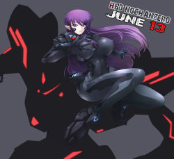 Rule 34 | 1girl, birthday, bodysuit, breasts, covered erect nipples, fortified suit, haganef, highres, huge breasts, impossible clothes, mecha, muv-luv, muv-luv alternative, original, pilot suit, pointy ears, purple eyes, purple hair, robot, shoulder pads, smile, solo