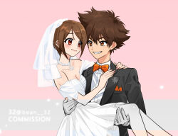 Rule 34 | bare shoulders, bean32, black suit, breasts, brother and sister, brown eyes, brown hair, carrying, cleavage, commission, couple, digimon, digimon adventure, dress, formal, hetero, husband and wife, incest, medium breasts, medium hair, off-shoulder dress, off shoulder, princess carry, short hair, siblings, smile, spiked hair, suit, veil, wedding dress, yagami hikari, yagami taichi