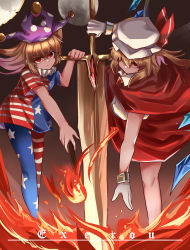 Rule 34 | 2girls, absurdres, american flag pants, american flag shirt, arm up, arms up, artist name, blue pants, blue shirt, breasts, brown background, brown hair, cape, closed mouth, clownpiece, collared shirt, commentary, crystal, english commentary, eyes visible through hair, fire, flandre scarlet, gem, gloves, gradient background, grey background, grey gloves, grey headwear, hair between eyes, hand up, hands up, hat, hat ribbon, highres, holding, holding torch, jester cap, jewelry, leg up, light brown hair, long hair, looking at viewer, medium breasts, mob cap, moon, multicolored clothes, multicolored pants, multicolored shirt, multiple girls, neck ruff, no mouth, no wings, one side up, pants, polka dot, purple headwear, red cape, red eyes, red pants, red ribbon, red shirt, red skirt, ribbon, shirt, short hair, short sleeves, skirt, smile, standing, standing on one leg, star (symbol), star print, striped clothes, striped pants, striped shirt, sword, top-exerou, torch, touhou, weapon, white pants, white shirt, wings, wristband