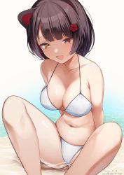 Rule 34 | 1girl, :d, animal ears, bare arms, bare legs, bare shoulders, bikini, black hair, blush, breasts, brown eyes, cleavage, commentary request, dated, dog ears, fang, feet out of frame, flower, hair flower, hair ornament, heterochromia, highres, hirota fruit, inui toko, knees up, large breasts, navel, nijisanji, open mouth, red eyes, red flower, shallow water, sitting, skindentation, smile, solo, swimsuit, twitter username, virtual youtuber, water, white bikini