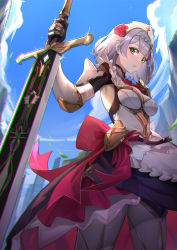 Rule 34 | 1girl, absurdres, apron, armor, armored boots, blue sky, boots, braid, breasts, chinese commentary, cloud, commentary request, flower, from below, genshin impact, greatsword, green eyes, grey hair, hair flower, hair ornament, highres, hokushuu, holding, holding weapon, looking at viewer, maid apron, maid headdress, medium breasts, noelle (genshin impact), red ribbon, ribbon, rose, short hair, shoulder armor, sky, solo, sword, thigh boots, weapon