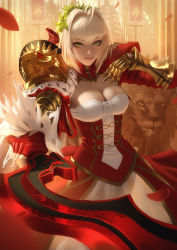 Rule 34 | 10s, 1girl, ahoge, animal, armor, blonde hair, blush, breasts, cleavage, commentary, dress, fate/extra, fate/extra ccc, fate (series), fingerless gloves, gauntlets, gloves, green eyes, hair ornament, highres, lion, looking at viewer, medium breasts, nero claudius (fate), nero claudius (fate), petals, pointing, raikoart, red dress, red gloves, smile, solo, sword, weapon