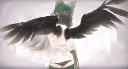 Rule 34 | black panties, black wings, bow, clothes pull, commentary request, control rod, cowboy shot, feathered wings, from behind, green bow, green skirt, grey background, hair bow, hand in own hair, hand up, highres, long hair, lowleg, lowleg panties, o (crazyoton46), off shoulder, panties, reiuji utsuho, shirt, skirt, skirt pull, touhou, underwear, white shirt, wings