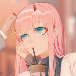 Rule 34 | 10s, 1girl, aqua eyes, darling in the franxx, drinking, eyeshadow, hairband, horns, makeup, pink hair, ribbed sweater, solo focus, sweater, white hairband, wudi sao nian, zero two (darling in the franxx)