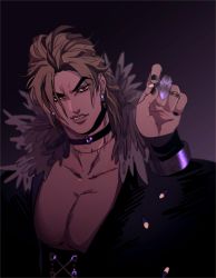 Rule 34 | 1boy, blonde hair, bracelet, choker, dio brando, earrings, fabulous, fang, feather collar, highres, jewelry, jojo no kimyou na bouken, jonya, long hair, male focus, pectoral cleavage, pectorals, red eyes, ring, scar, scar on neck, solo, stardust crusaders, stitches, wristband